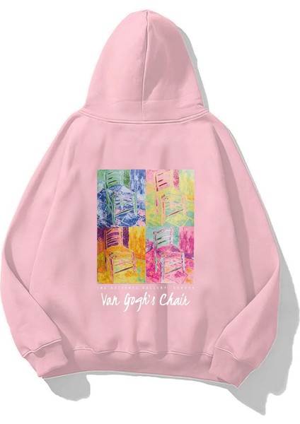 Kapüşonlu Içi Polar Van Gogh's Chair Baskılı Pembe Unisex Sweatshirt