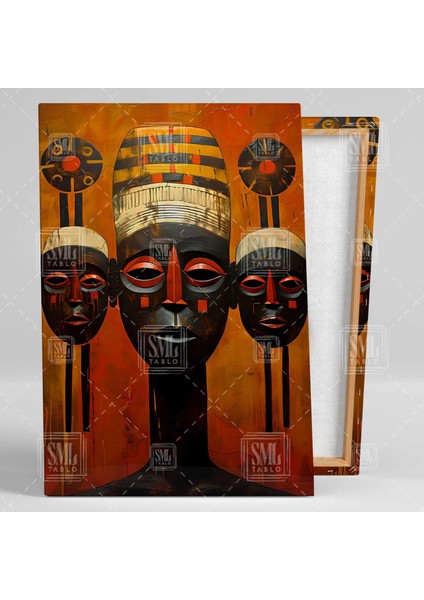 Etnik Ahşap Afrikan Maskeleri Afrika Yaşamı Dikey Kanvas Tablo