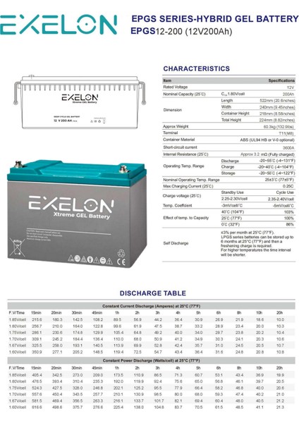 Exelon 12 Volt 200 Amper Jel Akü Derin Döngü Deep Cycle