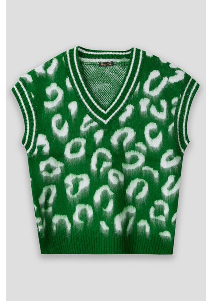 Summer Winter Club Kadın V Yaka Fitilli Kenarlı Kolsuzleopar Desen % 100 Ipek Şardonlu 2 Renk Süveter