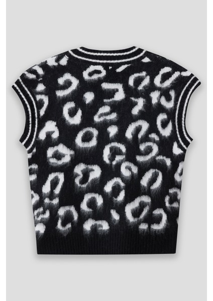 Summer Winter Club Kadın V Yaka Fitilli Kenarlı Kolsuzleopar Desen % 100 Ipek Şardonlu 2 Renk Süveter