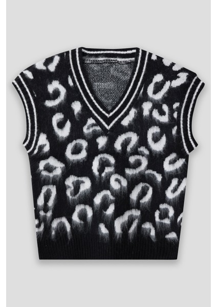 Summer Winter Club Kadın V Yaka Fitilli Kenarlı Kolsuzleopar Desen % 100 Ipek Şardonlu 2 Renk Süveter fiyatları