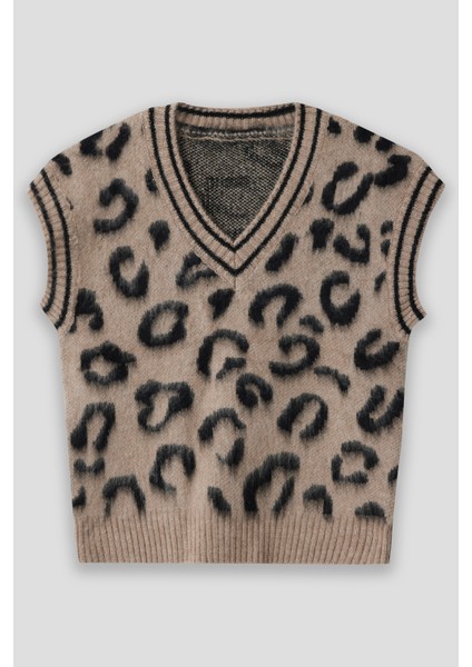 Summer Winter Club Kadın V Yaka Fitilli Kenarlı Kolsuzleopar Desen % 100 Ipek Şardonlu 2 Renk Süveter