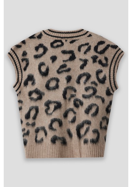 Summer Winter Club Kadın V Yaka Fitilli Kenarlı Kolsuzleopar Desen % 100 Ipek Şardonlu 2 Renk Süveter fiyatları