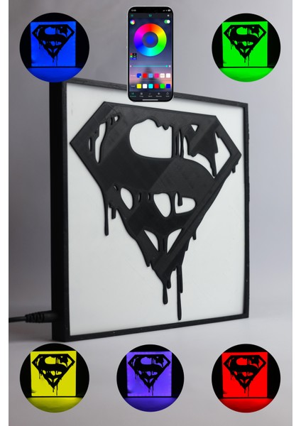 Superman - Rgb Led Işıklı 3 Boyutlu Tabela - 20cm X 20cm X 2cm (Bluetooth Kontrollü)