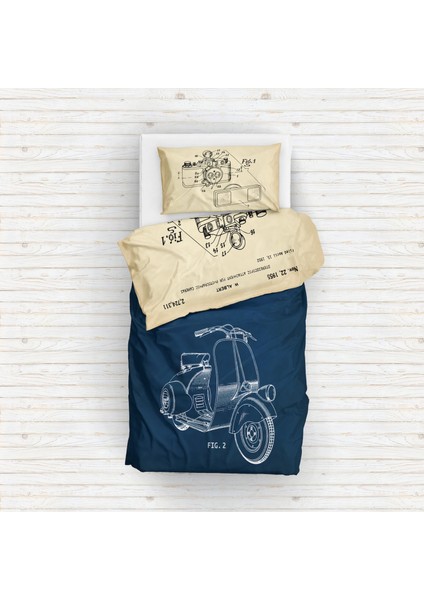 Vespa Navyblue & Leica M Fotoğraf Makinesi Vintage Çift Taraflı Nevresim Takımı - 200 Cm X 220 Cm