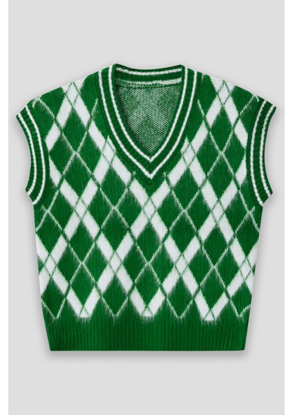 Summer Winter Club Kadın V Yaka Fitilli Kenarlı Kolsuz Baklava Desen % 100 Ipek Şardonlu 2 Renk Süveter