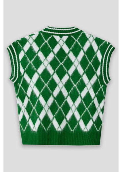 Summer Winter Club Kadın V Yaka Fitilli Kenarlı Kolsuz Baklava Desen % 100 Ipek Şardonlu 2 Renk Süveter modelleri