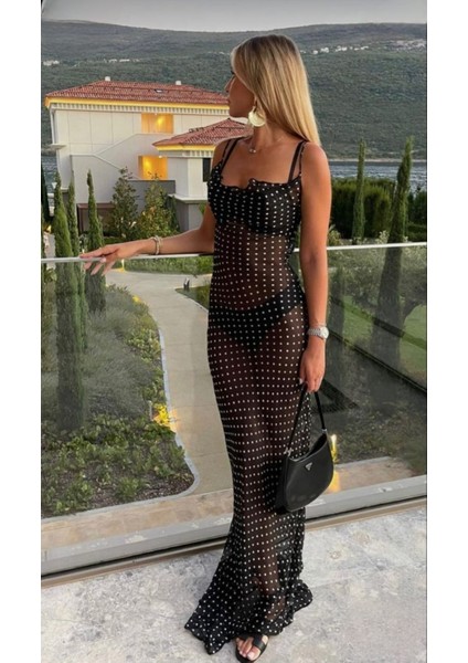 Kadın Puantiyeli Yere Kadar Uzanan Degaje Yaka Maksi Elbise fırsatları