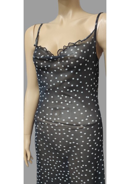 Kadın Puantiyeli Yere Kadar Uzanan Degaje Yaka Maksi Elbise indirimleri