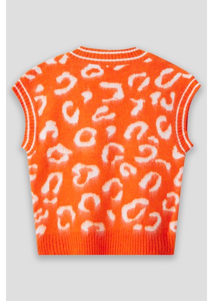 Summer Winter Club Kadın V Yaka Fitilli Kenarlı Kolsuzleopar Desen % 100 Ipek Şardonlu 2 Renk Süveter modelleri