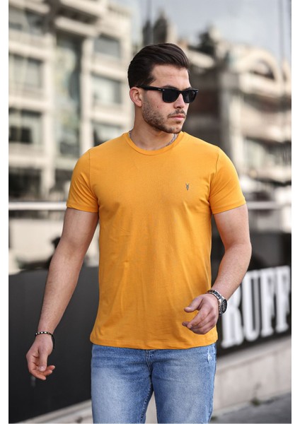 Erkek %100 Pamuk Nefes Alan Bisiklet Yaka Standart Fit Normal Kesim T-Shirt - Sarı