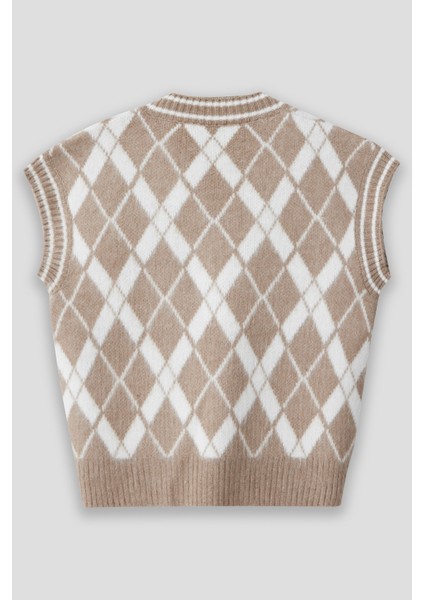 Summer Winter Club Kadın V Yaka Fitilli Kenarlı Kolsuz Baklava Desen % 100 Ipek Şardonlu 2 Renk Süveter