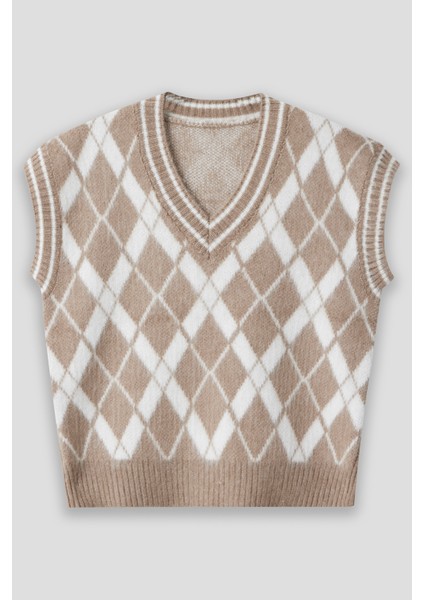 Summer Winter Club Kadın V Yaka Fitilli Kenarlı Kolsuz Baklava Desen % 100 Ipek Şardonlu 2 Renk Süveter modelleri