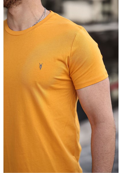 Erkek %100 Pamuk Nefes Alan Bisiklet Yaka Standart Fit Normal Kesim T-Shirt - Sarı modelleri