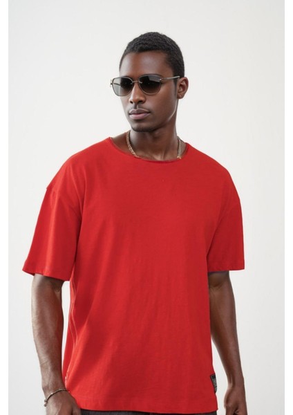 Unisex Pis Yaka Basic Eteği Armalı Oversize Kalıp Tişört 1014