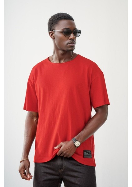 Unisex Pis Yaka Basic Eteği Armalı Oversize Kalıp Tişört 1014 modelleri