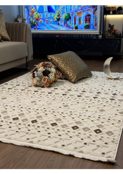 Iskandinav Halı Krem-Kahve Modern Salon Halısı Koridor Halısı Yolluk Oturma Odası Saçaklı Halı