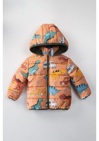 Özel Tasarım Trend Kamyonet ve Dinozor Desenli Içi Kürklü Kışlık Polar Astarlı Kapüşonlu Şişme Mont