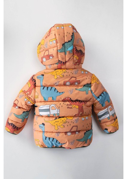 Özel Tasarım Trend Kamyonet ve Dinozor Desenli Içi Kürklü Kışlık Polar Astarlı Kapüşonlu Şişme Mont fiyatları