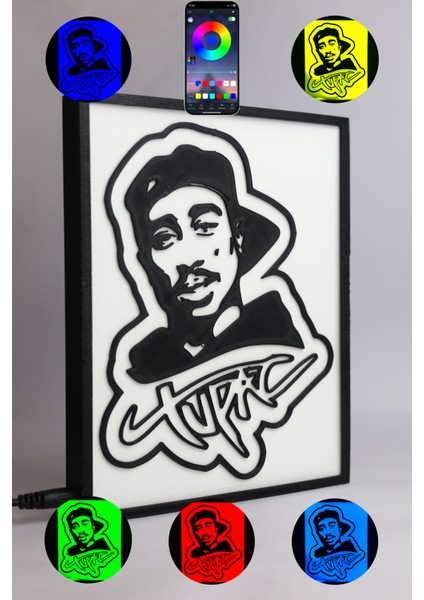 Tupac Shakur - Rgb LED Işıklı 3 Boyutlu Tabela - 16CM x 20CM x 2cm (Bluetooth Kontrollü)