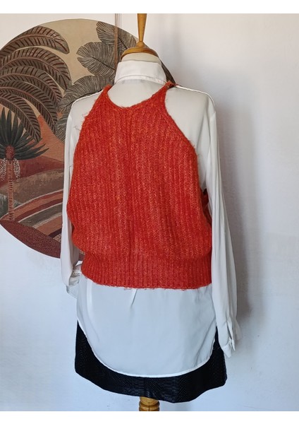 Hippybutik Turuncu Örgü Broş Detaylı El Yapımı Süveter