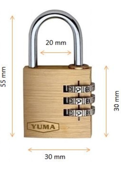 Yuma Şifreli Pirinç Asma Kilit 30 mm 3 Basamaklı Çift Yönlü Gri 1 Adet
