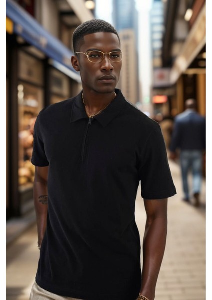 Erkek Polo Yaka Fermuarlı Regular Kesim Penye Tişört 1008