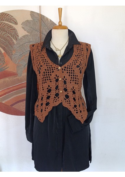 Hippybutik Kahverengi Akıllı Ip Düğme Detaylı Asimetrik El Örgüsü Yelek
