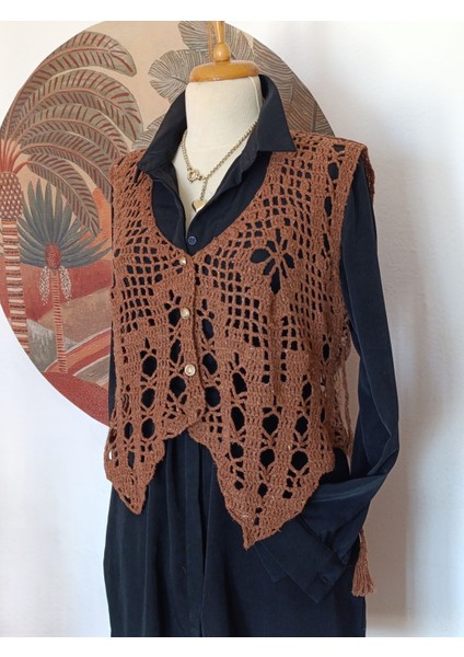 Hippybutik Kahverengi Akıllı Ip Düğme Detaylı Asimetrik El Örgüsü Yelek