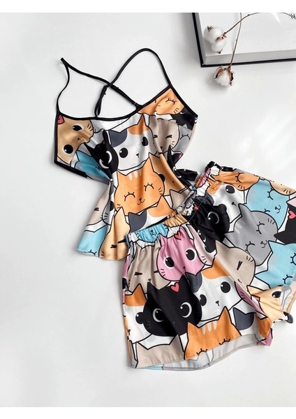 Kedi Baskılı Şortlu Takım