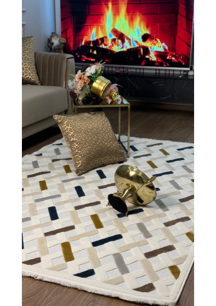 Iskandinav Halı Çapraz Model Krem Modern Salon Halı Koridor Halısı Yolluk Oturma Odası Saçaklı Halı