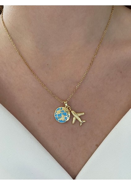 Vıp Seri - Mavi Dünya Uçak Kararmaz Çelik Kadın Gold Kolye modelleri