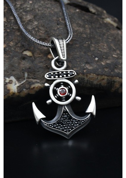 Gümüş Çapa Dümen Mikro Taş Süslemeli 925 Ayar Erkek Gümüş Kolye Zincir 901150