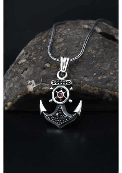 Gümüş Çapa Dümen Mikro Taş Süslemeli 925 Ayar Erkek Gümüş Kolye Zincir 901150 modelleri