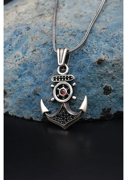 Gümüş Çapa Dümen Mikro Taş Süslemeli 925 Ayar Erkek Gümüş Kolye Zincir 901150 fırsatları