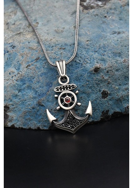 Gümüş Çapa Dümen Mikro Taş Süslemeli 925 Ayar Erkek Gümüş Kolye Zincir 901150 indirimleri