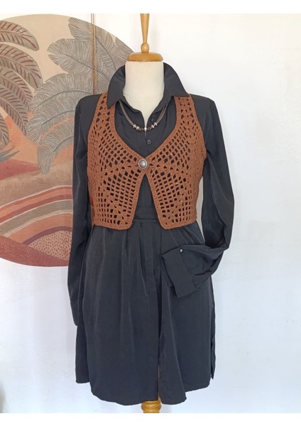 Hippybutik Kahverengi Akıllı Ip Crop Düğme Detaylı Yelek modelleri