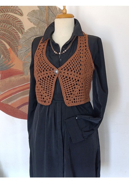 Hippybutik Kahverengi Akıllı Ip Crop Düğme Detaylı Yelek indirimleri