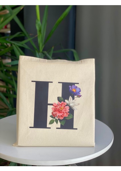 H Harf Baskılı Ham Bez Omuz Çantası