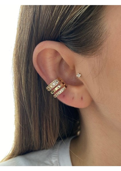 Pinery Jewels 3 Sıra Zirkon Taşlı Altın Kaplama Kadın Earcuff Kıkırdak Küpe