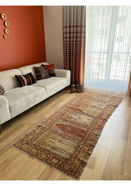 99X254 cm Eşsiz Tasarımlı El Dokuma Antik Yün Kilim 100 Yaş Uşak Kilimi