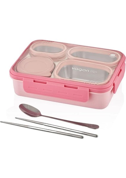 4 Bölmeli 800 ml Çelik Lunch Box Pembe