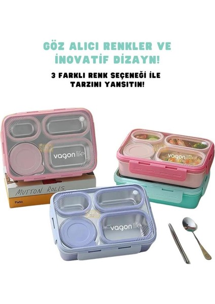 4 Bölmeli 800 ml Çelik Lunch Box Pembe indirimleri