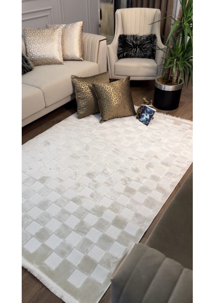 Ecosıa Carpet Iskandinav Halı Kare Model Krem Modern Salon Halısı Koridor Halısı Yolluk Oturma Odası Saçaklı Halı