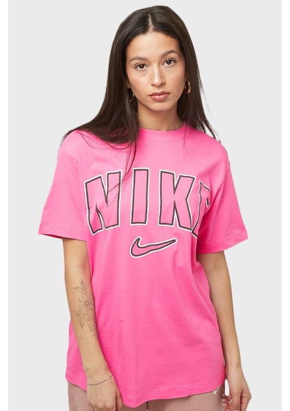 Sportswear Printed Boyfriend Loose Fit Tee Unisex Bol Kesim Unisex Tişört Pembe