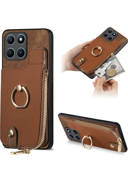 Honor X6A Brown Için Retro Fermuarlı Cüzdan Telefon Kılıfı (Yurt Dışından)