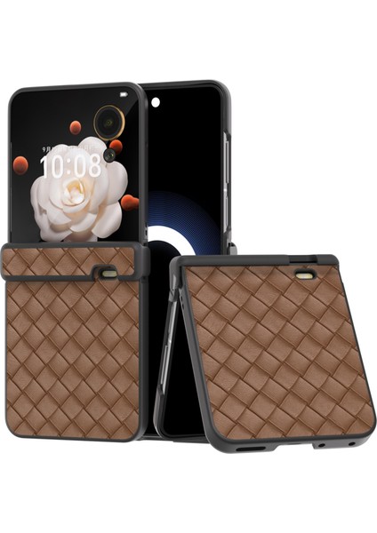 Honor Magic V Flip Brown Için Siyah Çerçeve Dokuma Dokulu Pu Kılıf (Yurt Dışından)