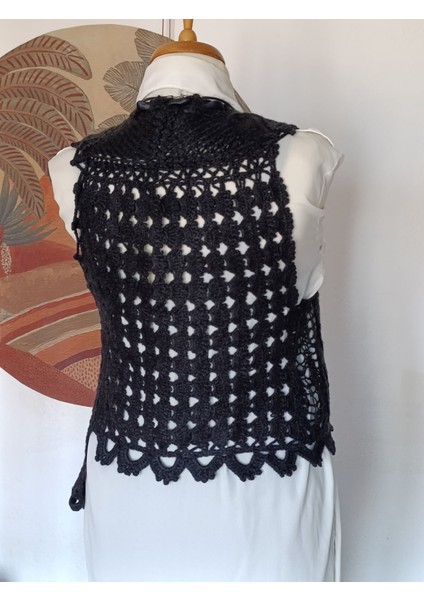 Siyah Karma El Örgüsü Patchwork Asimetrik Tasarım Yelek