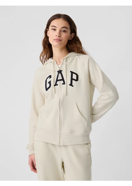 Kadın Kırık Beyaz Gap Logo Fermuarlı Fleece Sweatshirt